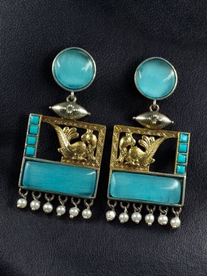 Traditional Designer Dual Tone Dangler Peacock Monalisa Stone Earrings with Pearl Drops