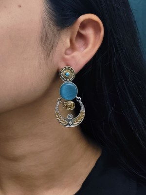 Traditional Royal Elephant Drop Earrings Dual Tone Monalisa Stone Designer Dangler