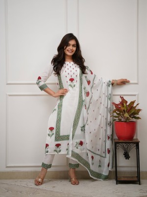 White Floral Block Print Kurti Pant Dupatta Set Indian Cotton Straight Salwar Kameez Set Dress