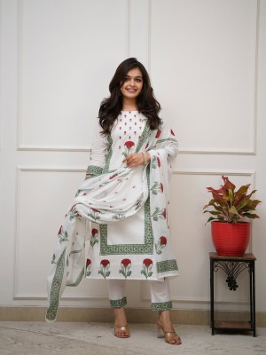 White Floral Block Print Kurti Pant Dupatta Set Indian Cotton Straight Salwar Kameez Set Dress