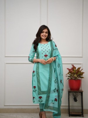 Sky Blue Floral Block Print Kurti Pant Dupatta Set Indian Cotton Straight Salwar Kameez Set Dress