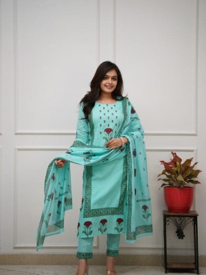 Sky Blue Floral Block Print Kurti Pant Dupatta Set Indian Cotton Straight Salwar Kameez Set Dress