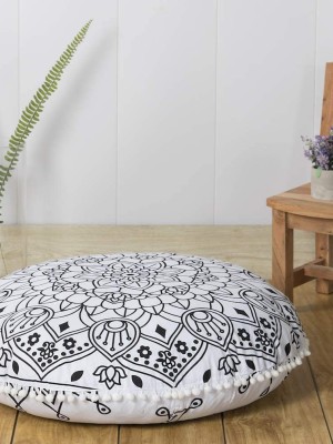 32" White Multi Mandala Floor Pillow Cover Bohochic Round Cushion Cover - Dog Pet Bed
