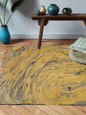 Multi Marble Print Wave Design Area Rug Cotton Hand Woven Dhurrie Rug 4x6 Ft