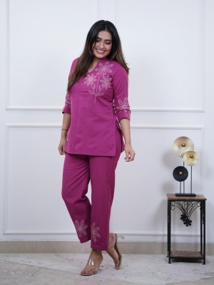 Magenta Classy Floral Embroidered Comfortable Co Ord Set for Women -Set of 2