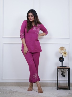 Magenta Classy Floral Embroidered Comfortable Co Ord Set for Women -Set of 2