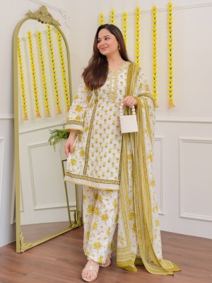 White Yellow Floral Printed Embroidered Kurti Pant Dupatta Set Indian Cotton Straight Salwar Kameez Set Dress