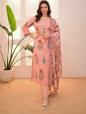 Peach Floral Block Print Kurti Pant Dupatta Set Indian Cotton Straight Salwar Kameez Set Dress