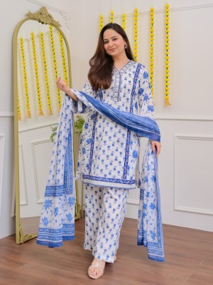 White Blue Floral Printed Embroidered Kurti Pant Dupatta Set Indian Cotton Straight Salwar Kameez Set Dress