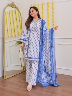White Blue Floral Printed Embroidered Kurti Pant Dupatta Set Indian Cotton Straight Salwar Kameez Set Dress