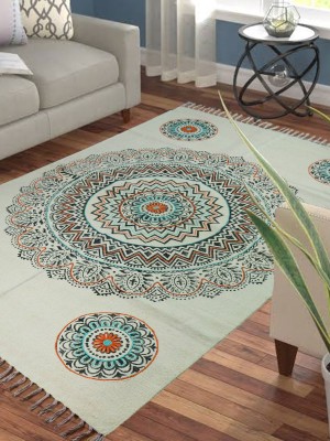 White Multi Hand Block Printed Area Rugs Cotton Embroidered Dhurrie Rug 3x5 Ft