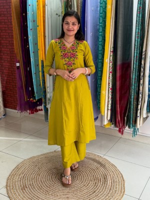 Yellow Embroidered Cotton Kurti Pant Co Ord Set Dress for Women with Both Side Pockets