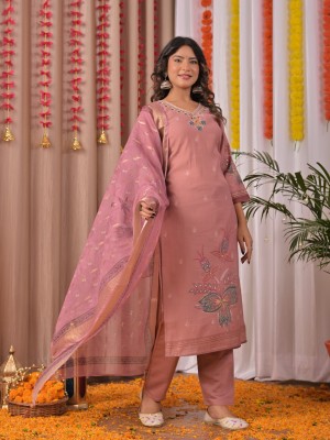 Pastel Pink Indian Traditional Straight Embroidered Salwar Kameez Kurti Pant Dupatta Set - Set of 3