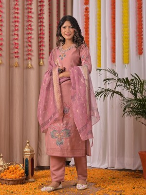 Pastel Pink Indian Traditional Straight Embroidered Salwar Kameez Kurti Pant Dupatta Set - Set of 3