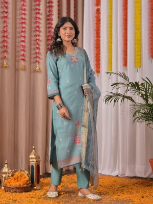 Teal Blue Indian Traditional Straight Embroidered Salwar Kameez Kurti Pant Dupatta Set - Set of 3