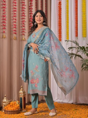 Teal Blue Indian Traditional Straight Embroidered Salwar Kameez Kurti Pant Dupatta Set - Set of 3