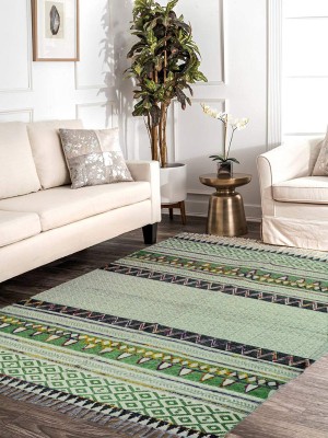 Tribal White Multi Printed Rugs Hand Embroidered Southwestern Cotton Area Rug 4X6 Ft