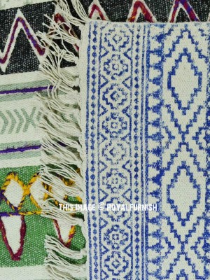 Tribal White Multi Printed Rugs Hand Embroidered Southwestern Cotton Area Rug 4X6 Ft