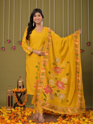 Yellow Indian Floral Printed Straight Salwar Kameez Kurti Pant Dupatta Set - Set of 3