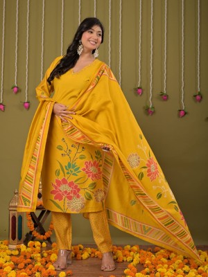 Yellow Indian Floral Printed Straight Salwar Kameez Kurti Pant Dupatta Set - Set of 3