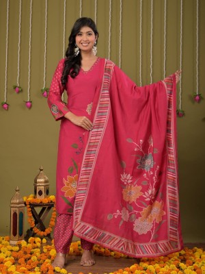 Pink Indian Floral Printed Straight Salwar Kameez Kurti Pant Dupatta Set - Set of 3