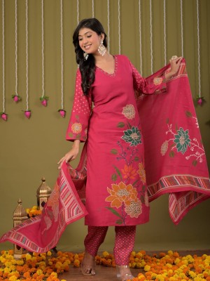 Pink Indian Floral Printed Straight Salwar Kameez Kurti Pant Dupatta Set - Set of 3