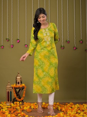 Yellow Bandhej Print Muslin Straight Kurti Casual Tunic Top for Women (Kurti Only)