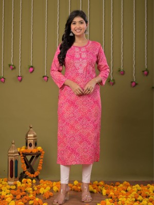 Pink Bandhej Print Muslin Straight Kurti Casual Tunic Top for Women (Kurti Only)