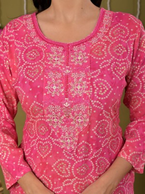 Pink Bandhej Print Muslin Straight Kurti Casual Tunic Top for Women (Kurti Only)