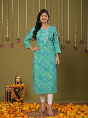 Blue Bandhej Print Muslin Straight Kurti Casual Tunic Top for Women (Kurti Only)