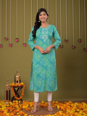 Blue Bandhej Print Muslin Straight Kurti Casual Tunic Top for Women (Kurti Only)