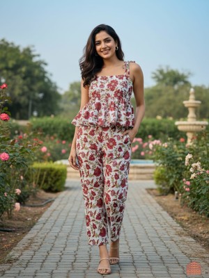 White Floral Printed Western Style Peplum Top Pant Co Ord Set Partywear Casual Strap Dress