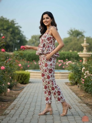 White Floral Printed Western Style Peplum Top Pant Co Ord Set Partywear Casual Strap Dress