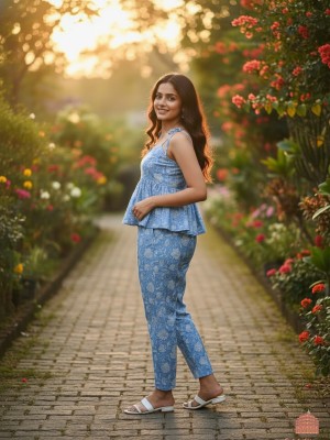 Blue Floral Printed Western Style Peplum Top Pant Co Ord Set Partywear Casual Dress