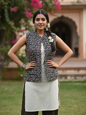 Emily Black Floral Printed Reversible Dual Side Cotton Sleeveless Quilted Kantha Jacket