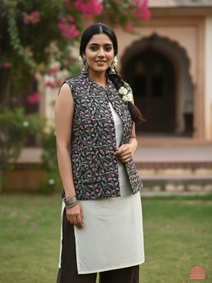 Emily Black Floral Printed Reversible Dual Side Cotton Sleeveless Quilted Kantha Jacket