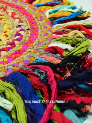 Boho Indian Handmade Jute & Cotton Braided Rugs Colorful Fringed Chindi Round Rug - 2 Ft