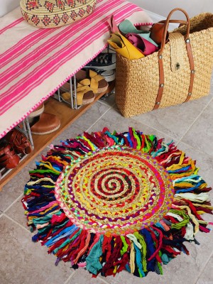 Boho Indian Handmade Jute & Cotton Braided Rugs Colorful Fringed Chindi Round Rug - 2 Ft