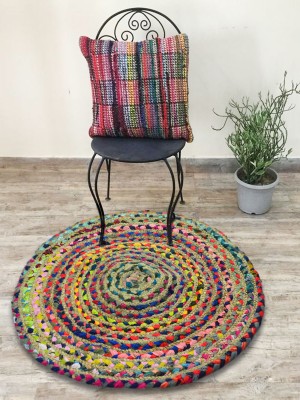 Round Mixed Color Chindi Reversible Hand Woven Jute Cotton Braided Rugs - 2 Ft