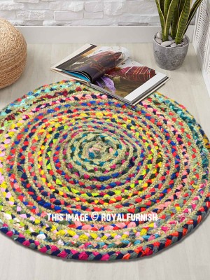 Round Mixed Color Chindi Reversible Hand Woven Jute Cotton Braided Rugs - 2 Ft