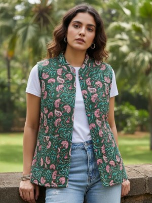 Mia Green Floral Printed Reversible Dual Side Cotton Sleeveless Quilted Kantha Jacket