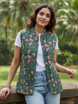 Mia Green Floral Printed Reversible Dual Side Cotton Sleeveless Quilted Kantha Jacket
