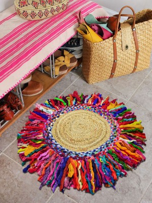 Handmade Jute Braided Rugs Colorful Chindi Fringed Round Rug - 2 Ft