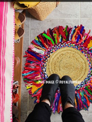 Handmade Jute Braided Rugs Colorful Chindi Fringed Round Rug - 2 Ft
