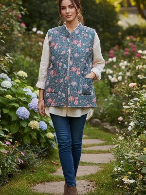 Jasmine Blue Floral Printed Reversible Dual Side Cotton Sleeveless Quilted Kantha Jacket