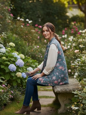 Jasmine Blue Floral Printed Reversible Dual Side Cotton Sleeveless Quilted Kantha Jacket