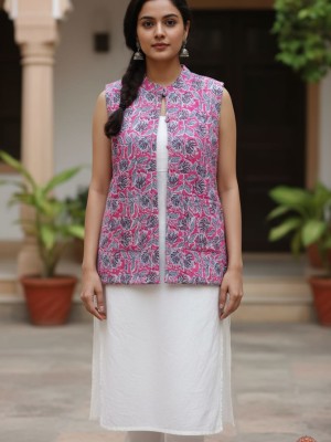Erica Pink Floral Printed Reversible Dual Side Cotton Sleeveless Quilted Kantha Jacket