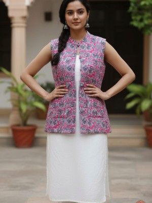 Erica Pink Floral Printed Reversible Dual Side Cotton Sleeveless Quilted Kantha Jacket