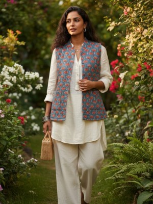 Aisha Teal Floral Printed Reversible Dual Side Cotton Sleeveless Quilted Kantha Jacket