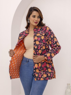 Lucia Black Multi Color Floral Printed Reversible Dual Side Cotton Full Sleeves Quilted Kantha Jacket